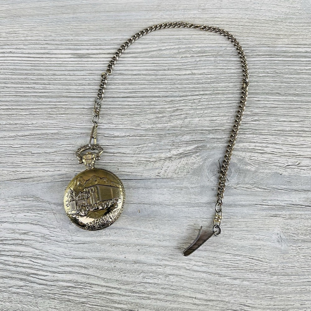 Milan Quartz Pocket Watch Gold Tone Semi Truck Hunter Case Chain Japan Movt